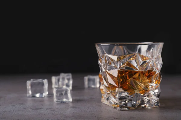 Golden Whiskey Glass Ice Cubes Table Space Text — Stock Photo, Image