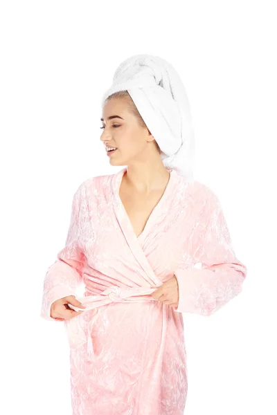Portret Van Jonge Mooie Vrouw Badjas Met Handdoek Witte Achtergrond — Stockfoto