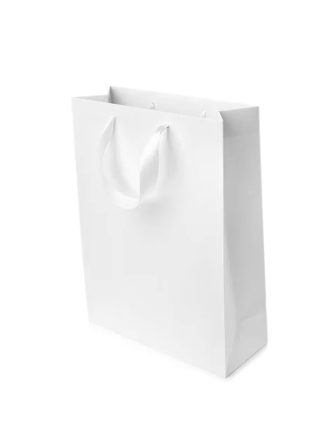 Shopping Bag Carta Con Manici Nastro Sfondo Bianco Mockup Design — Foto Stock