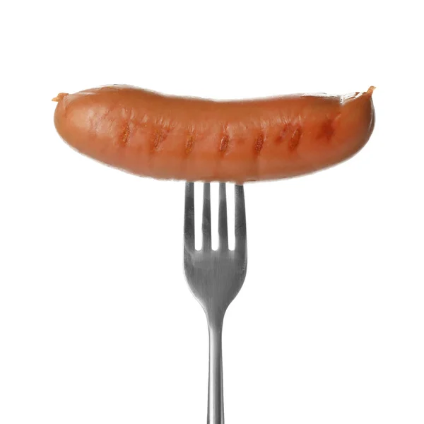 Fork Tasty Cooked Sausage White Background Meat Product — Stock Photo, Image