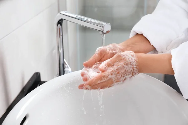 Woman Washing Hands Soap Sink Bathroom Closeup — Stock Photo, Image