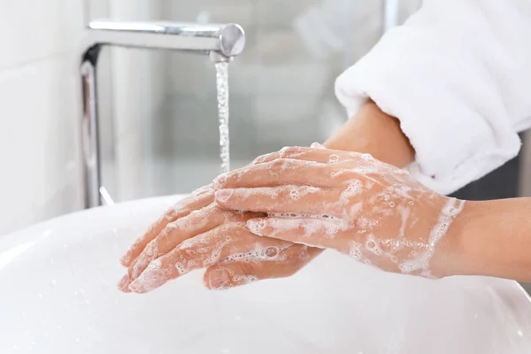 Woman Washing Hands Soap Sink Bathroom Closeup — Stock Photo, Image