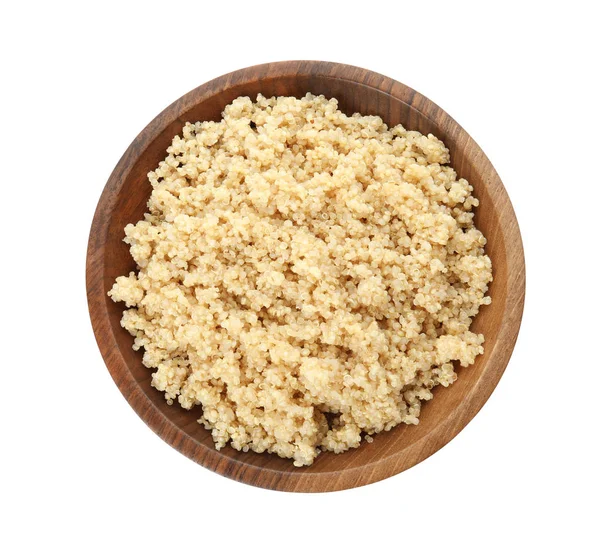 Finom Quinoa Elszigetelt Fehér Felső Kilátás Tálba Főtt — Stock Fotó