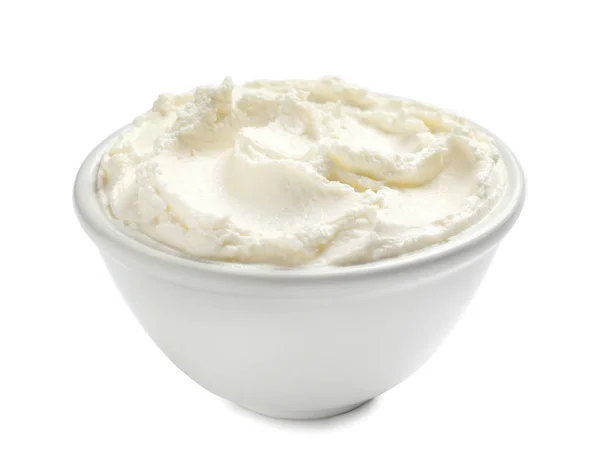 Ciotola Gustosa Crema Formaggio Sfondo Bianco — Foto Stock