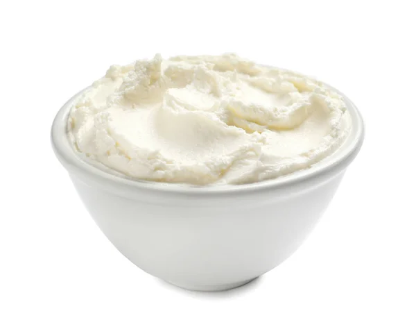 Cuenco Sabroso Queso Crema Sobre Fondo Blanco — Foto de Stock