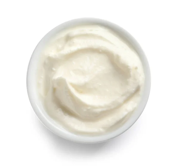 Cuenco Sabroso Queso Crema Sobre Fondo Blanco Vista Superior — Foto de Stock