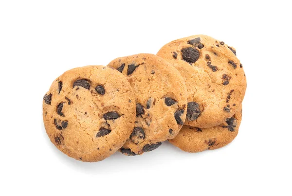 Pile Tasty Chocolate Chip Cookies White Background — Stock Photo, Image