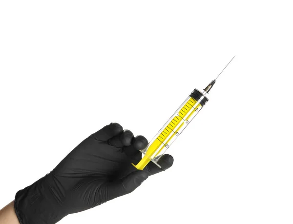 Arzt Medizinhandschuh Mit Leerer Spritze Auf Weißem Hintergrund — Stockfoto