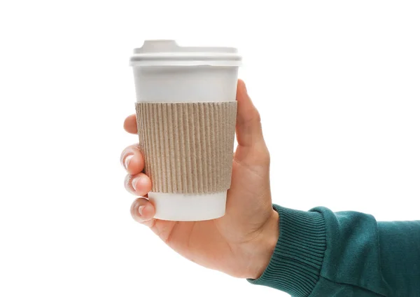 Mężczyznę Trzymającego Fast Papierowy Kawy Kubek Tuleją Karton Białym Tle — Zdjęcie stockowe