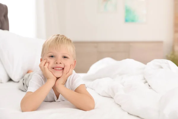 Cute Little Boy Lying Bed Home Space Text — Stock Photo, Image