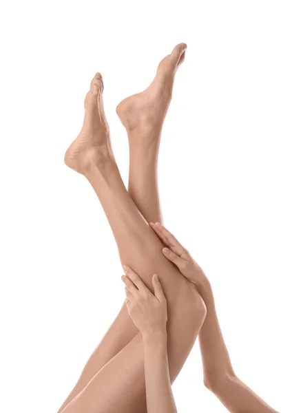 Młoda Kobieta Piękne Długie Nogi Białym Tle Zbliżenie — Zdjęcie stockowe