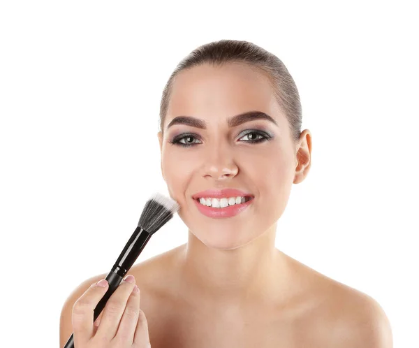 Portrait Beautiful Woman Applying Face Powder Makeup Brush White Background — Stock Photo, Image