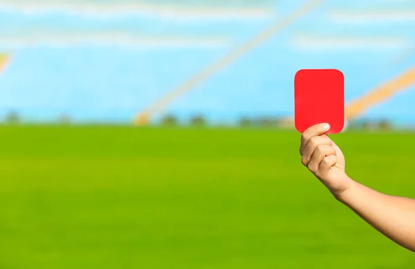 Футбольный Судья Показывает Красную Карточку Стадионе Крупный План Пробелами Текста — стоковое фото