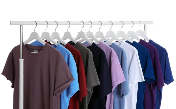 Men Clothes Hanging Wardrobe Rack White Background — Stock Photo, Image