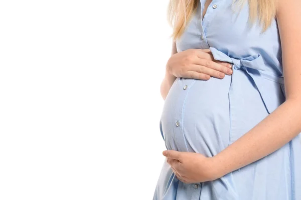 Έγκυος Γυναίκα Φόρεμα Λευκό Φόντο Χώρο Για Κείμενο — Φωτογραφία Αρχείου