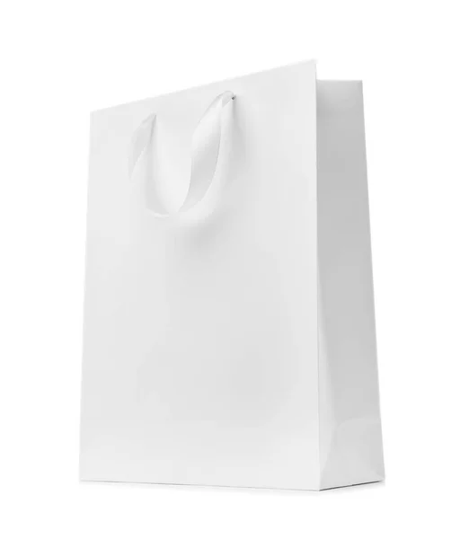 Saco Compras Papel Com Alças Fita Fundo Branco Mockup Para — Fotografia de Stock