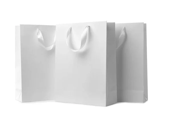 Paper Shopping Bags Ribbon Handles White Background Mockup Design — Stock Photo, Image