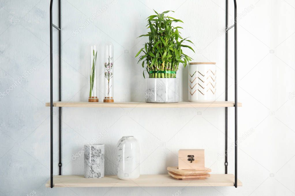 Shelves with green lucky bamboo in pot and decor on light wall