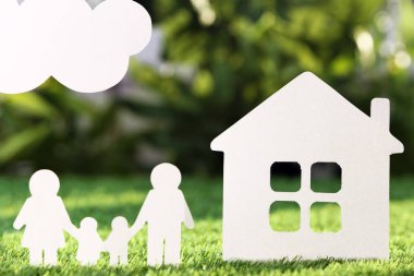 Aile ve ev taze çimenlerin üzerinde kağıt kesme. Hayat sigortası kavramı