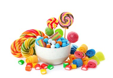 Composition with many different yummy candies on white background clipart