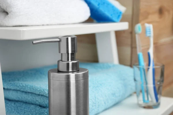 Metal Soap Dispenser Shelf Bathroom Space Text — Stock Photo, Image