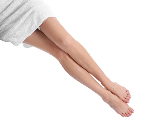 Γυναίκα Ωραία Πόδια Και Πόδια Λευκό Φόντο Κινηματογράφηση Πρώτο Πλάνο — Φωτογραφία Αρχείου