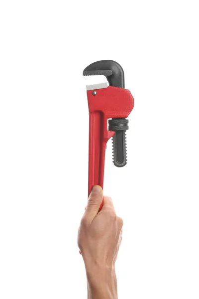 Male Plumber Holding Adjustable Wrench White Background Closeup — Stock Photo, Image
