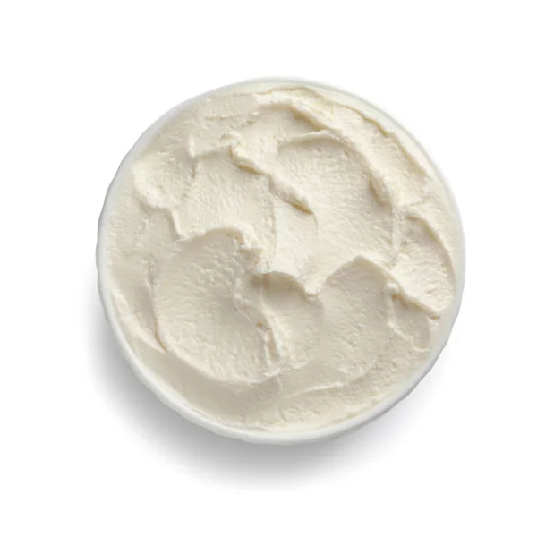 Bowl Tasty Cream Cheese White Background Top View — Stock Photo, Image