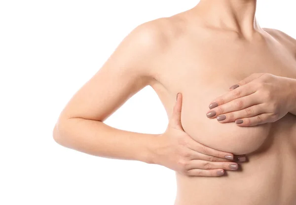 Woman Checking Her Breast White Background Closeup — Stock Photo, Image