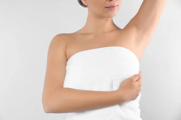 Woman Checking Her Breast White Background Closeup — Stock Photo, Image