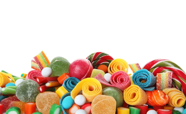 Veel Verschillende Lekkere Snoepjes Witte Achtergrond Ruimte Voor Tekst — Stockfoto