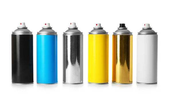 Cans Different Spray Paints White Background — Stock Photo, Image