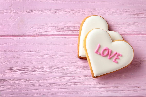 Decorated Heart Shaped Cookies Wooden Background Top View Space Text — Stock Photo, Image