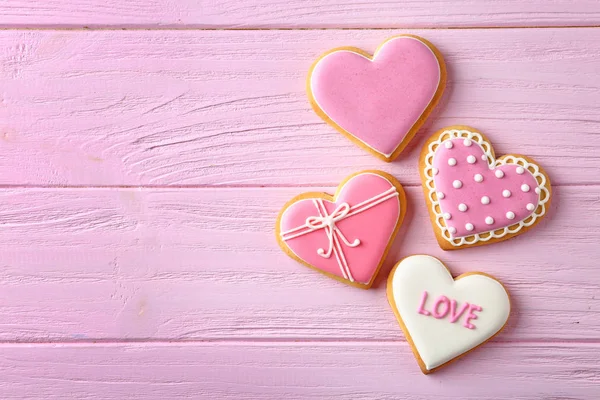 Decorated Heart Shaped Cookies Wooden Background Flat Lay Space Text — Stock Photo, Image