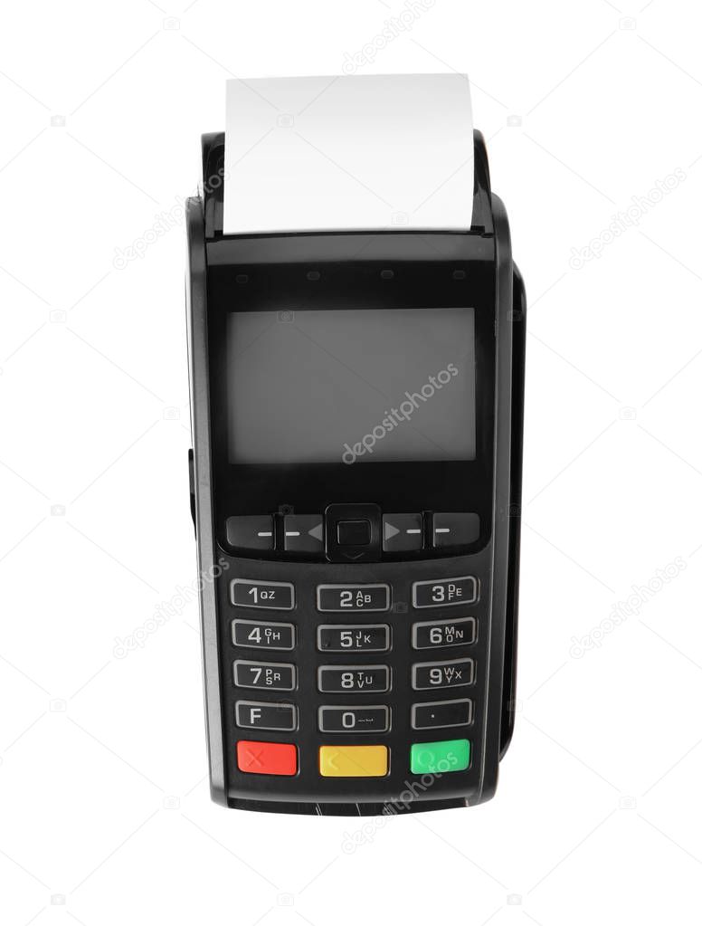 Modern payment terminal on white background, top view