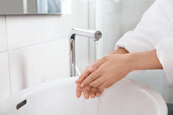 Woman Washing Hands Sink Bathroom Closeup Using Soap — Stock Photo, Image