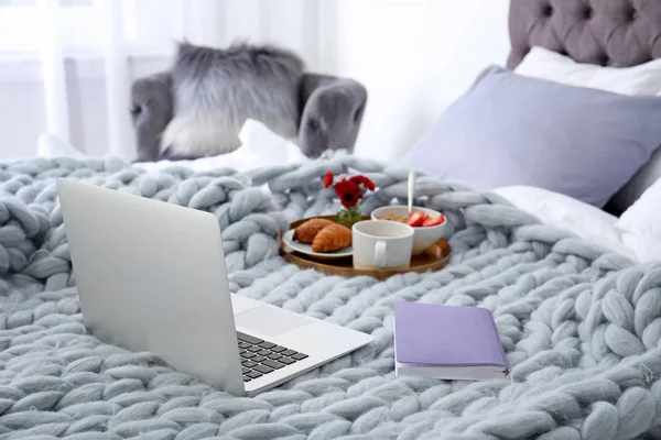 Laptop, notebook and tray with breakfast on bed in stylish room interior