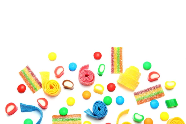 Many Different Yummy Candies White Background Top View Space Text — Stock Photo, Image