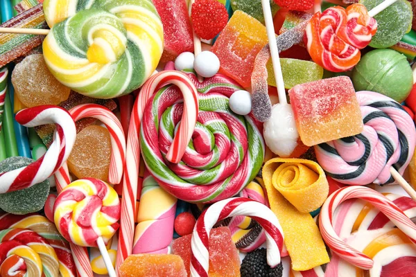 Mnoho Různých Chutné Cukrovinky Jako Pozadí Pohled Shora — Stock fotografie
