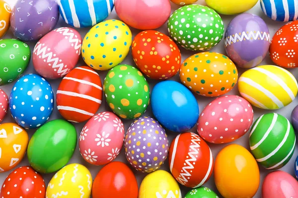 Molte Uova Pasqua Decorate Come Sfondo Vista Dall Alto Tradizione — Foto Stock