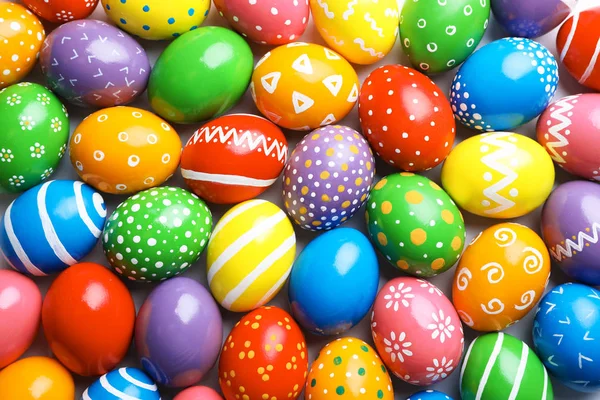Muchos Huevos Pascua Decorados Como Fondo Vista Superior Tradición Festiva — Foto de Stock