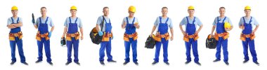 Profesyonel elektrikçi ve araçları ile beyaz arka plan üzerinde ayarla
