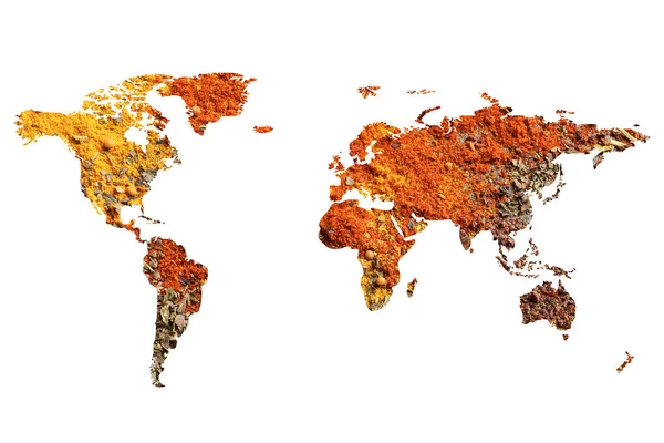 Mapa Mundo Diferentes Especiarias Aromáticas Sobre Fundo Branco Coleção Criativa — Fotografia de Stock