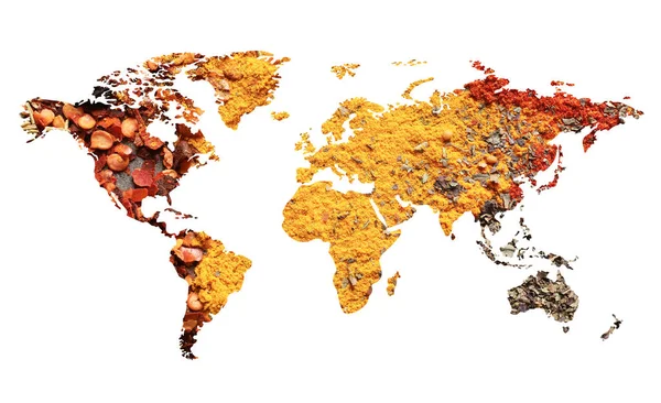 Mapa Świata Różnych Aromatycznych Przypraw Białym Tle Kolekcja Kreatywnych — Zdjęcie stockowe