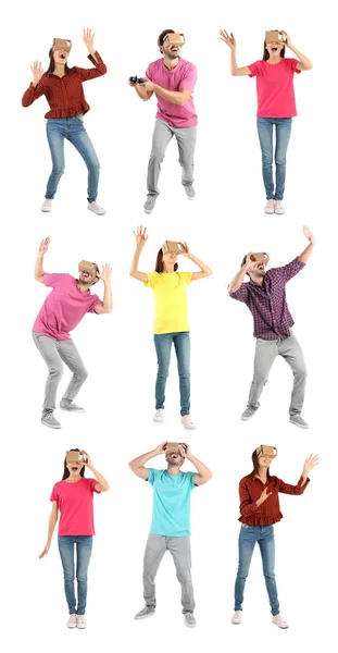 Set Con Personas Que Usan Auriculares Realidad Virtual Cartón Sobre — Foto de Stock