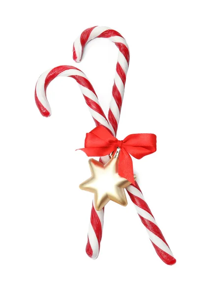 Lekkere Snoep Stokken Met Pijl Boog Christmas Decor Witte Achtergrond — Stockfoto