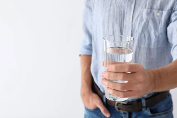 Man Holding Glass Pure Water White Background Closeup Space Text — Stock Photo, Image