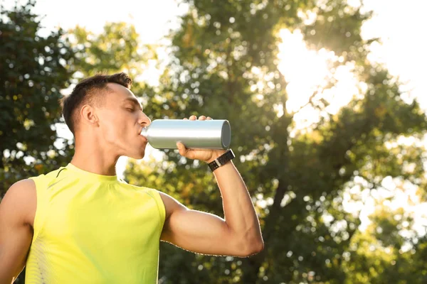Sporty Man Drinking Water Bottle Park Sunny Day Space Text — Stock Photo, Image