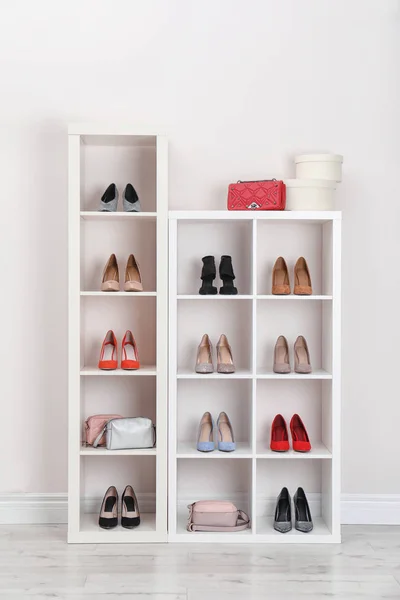 Wardrobe Shelves Different Stylish Shoes Indoors Idea Interior Design — Stock Photo, Image