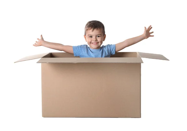 Lindo Niño Jugando Con Caja Cartón Sobre Fondo Blanco —  Fotos de Stock